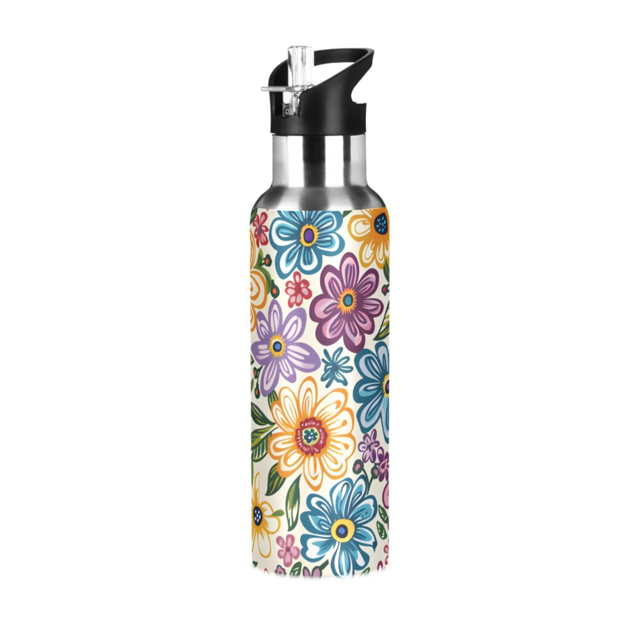 Colorful Floral Print Flowers Sports Water Bottle with Straw Lid Insulated Stainless Steel Leak Proof BPA Free Thermal Mug with Handle for Gym Yoga Cycling Camping