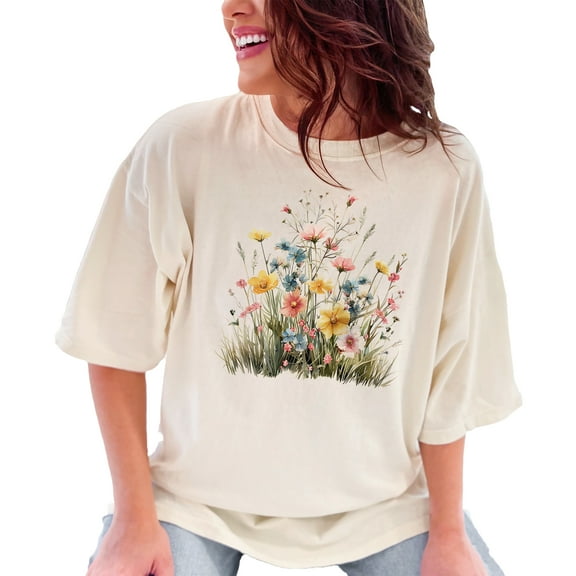 Colorful Floral Print T-Shirt, Wildflower Graphic Tee, Nature Inspired Design, Botanical Art Apparel, Casual Spring Summer Top, Ivory Comfort Colors T-Shirt, XL