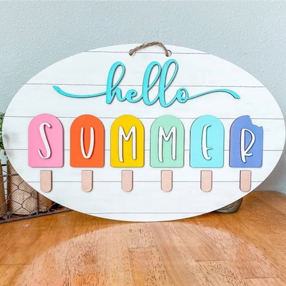 Colorful Floral Printed Hello Summer Hanging Wood Sign Rustic Farmhouse Ornament For Front Door, Living Room Wall & Yard Patio Seasonal Styling