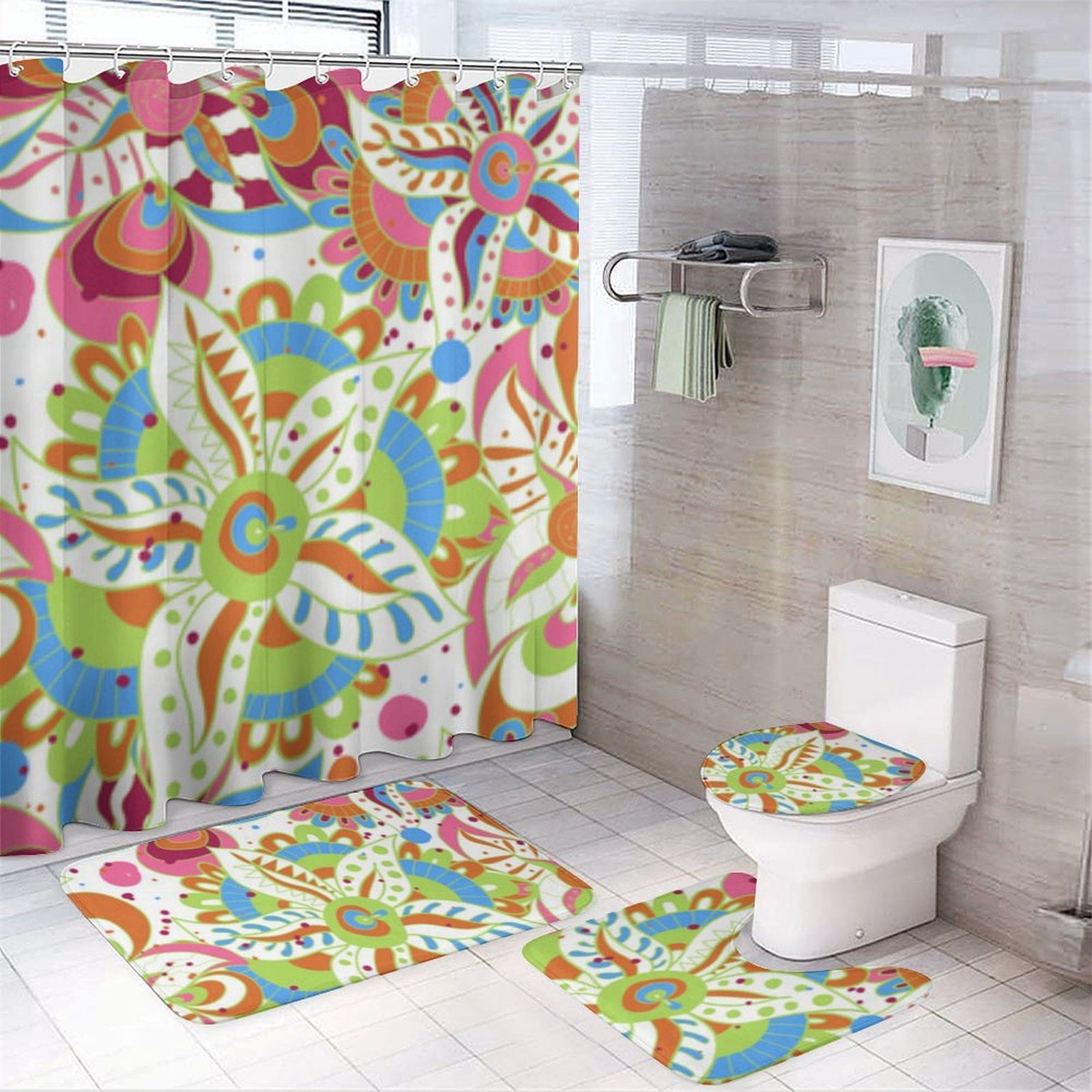 Colorful Floral Psychedelic Pattern Shower Curtain Set Modern Bathroom ...
