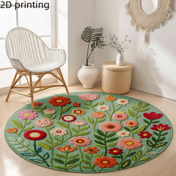 Colorful Floral Round Area Rug Velvet Soft Carpet Botanical Pattern Home Decor Bedroom Living Room Floor Mat SPXUBZ 63"×63"