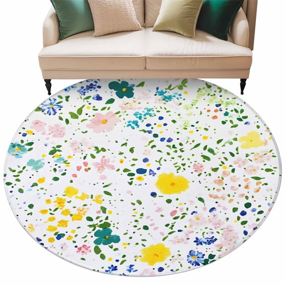 Colorful Floral Round Area&nbsp;Rug 8ft Spring Yellow Green Flower Garden Art Oil Painting Style Non-Slip&nbsp;Washable Circle Rugs Soft Felt Indoor Floor Mat for Bedroom Kitchen Living Room Bathroom