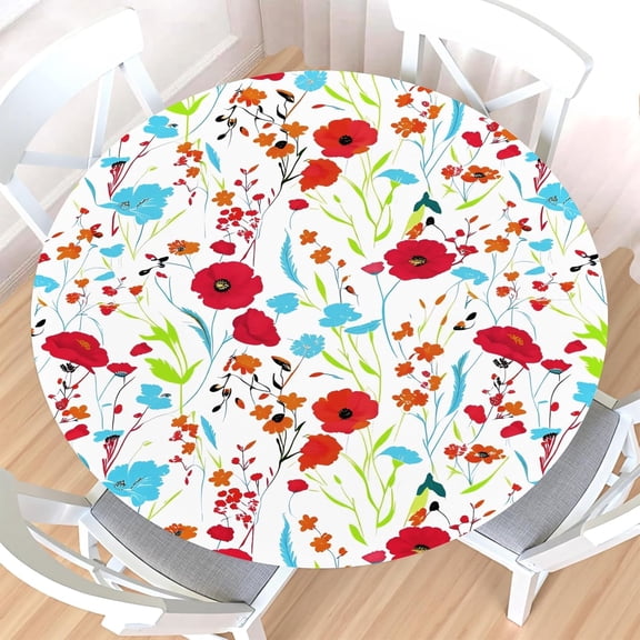 Colorful Floral Round Fitted Tablecloth with Elastic Edge,Waterproof Wipeable Reusable Spring Summer Red Flowers Leaf Table Cover for 44-48" Stretch Table Cloth for Dinner Indoor Outdoor Party Picnic