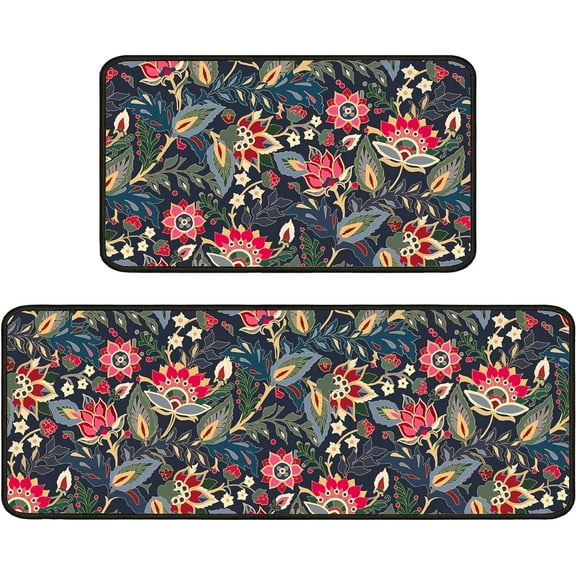 Colorful Floral Rug for Kitchen Mats for Floor 2 Piece, Anti Fatigue Floor Mat for Kitchen, Kitchen Floor Mats for in Front of Sink and Boho Kitchen Matt for Standing for Kitchen Decor 17"X30"+17"X47"