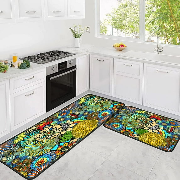 Colorful Floral Rug for Kitchen Mats for Floor 2 Piece, Anti Fatigue Floor Mat for Kitchen, Kitchen Floor Mats for in Front of Sink and Boho Kitchen Matt for Standing for Kitchen Decor 17"X30"+17"X47"