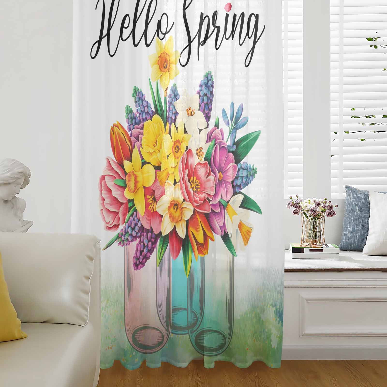 Spring Color Drape Colorful Floral Semi Sheer Curtains Drapes for Living Room, Bedroom ...