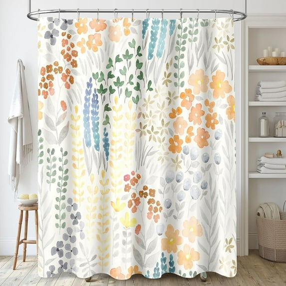 Colorful Floral Shower Curtain, Orange Boho Flower Fabric Shower Curtain, Cute Funky Watercolor Wildflower Shower Curtain Set, Cottagecore Bohemian Bathroom Decor, 72x72
