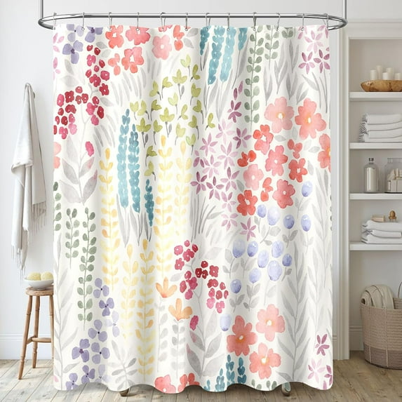 Colorful Floral Shower Curtain, Pink Cute Boho Flower Fabric Shower Curtain, Funky Watercolor Wildflower Trendy Shower Curtain Set, Cottagecore Bohemian Bathroom Decor, Ivory, 72x72