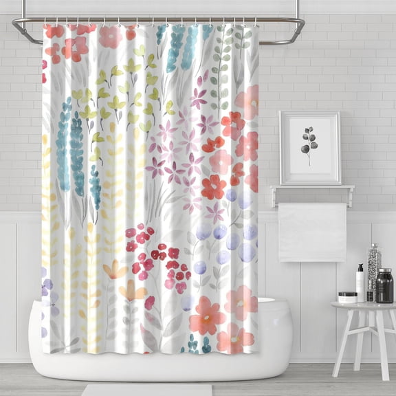 Colorful Floral Shower Curtain, Pink Cute Boho Flower Fabric Shower Curtain, Funky Watercolor Wildflower Trendy Shower Curtain Set, Cottagecore Bohemian Bathroom Decor, Ivory, 72x72