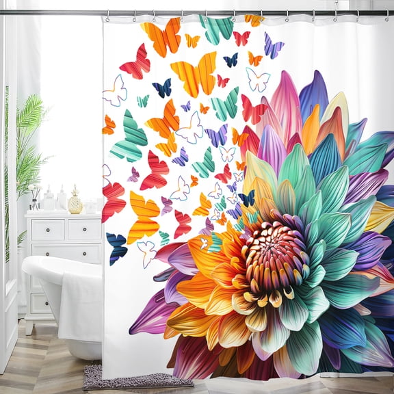 Colorful Floral Shower Curtain, Vibrant Watercolor Flower & Butterflies Fabric Bathroom Decor, Waterproof & Washable Shower Curtain Set with Hooks, 72x72 Inch
