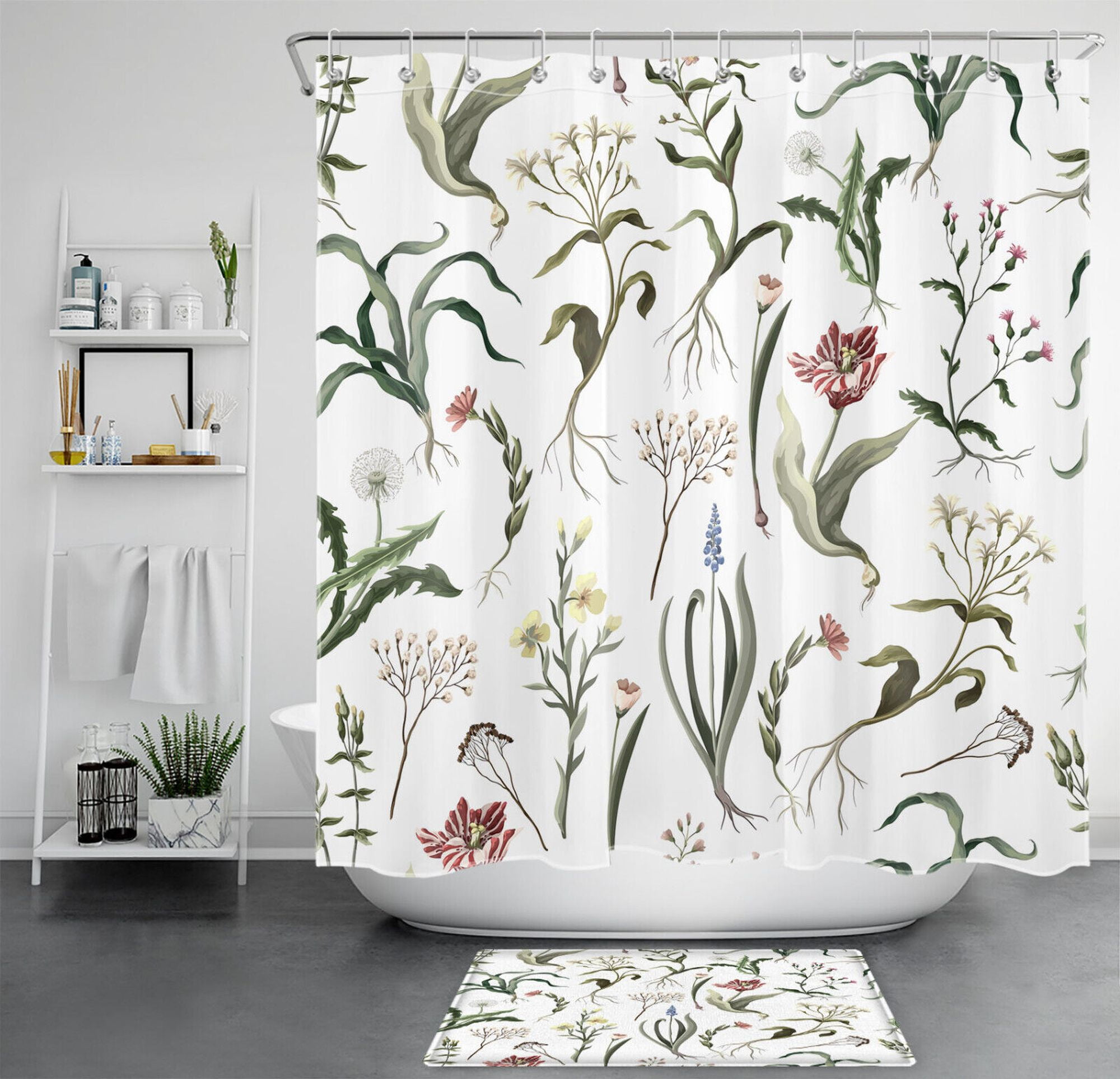 Colorful Floral Shower Curtain with Spring Botanical Leaves - Bathroom ...