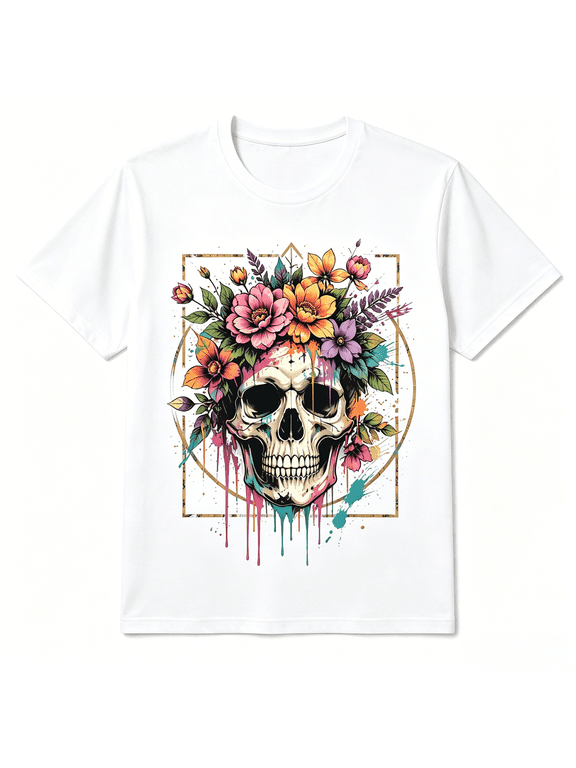 Colorful Floral Skull Graphic T-Shirt Vibrant Paint Drip Splash Wild Peony Flower Crown Gothic Streetwear Crew Neck Short Sleeve Tee for Men Women