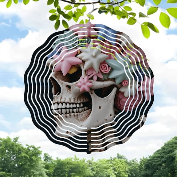 Colorful Floral Skull Metal Hanging Wind Spinner - Vibrant Garden Decor with Wave Pattern Design for Yard and Outdoor Spaces