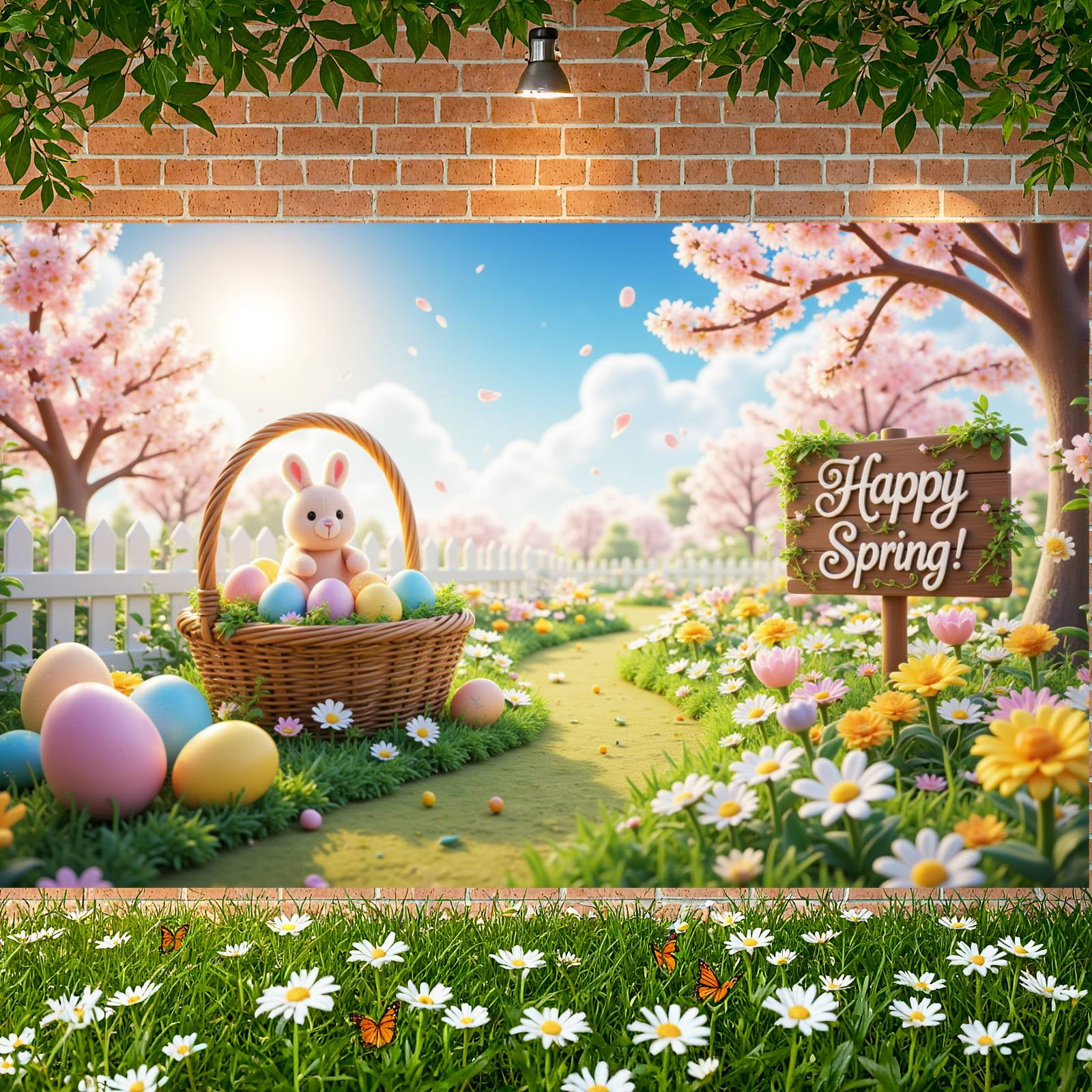 Colorful Floral Spring Banner Butterfly Pattern Floral Backdrop Gnome ...