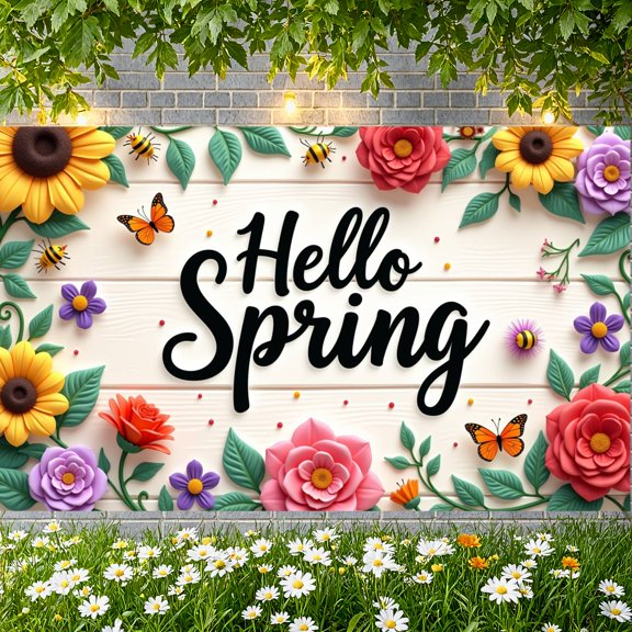 Colorful Floral Spring Banner Butterfly Pattern Floral Backdrop Gnome Design Spring Themed Butterfly Background for Spring Decoration Garden Party Photo Shoot