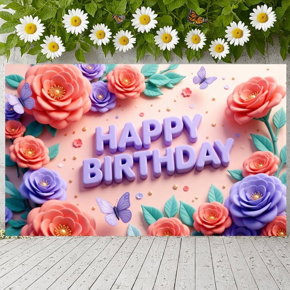 Colorful Floral Spring Banner Butterfly Pattern Floral Backdrop Gnome Design Spring Themed Butterfly Background for Spring Decoration Garden Party Photo Shoot