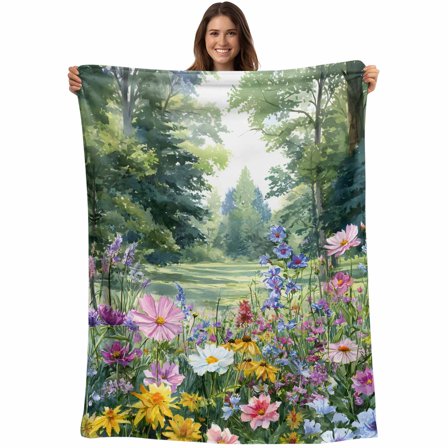 Colorful Floral Spring Blanket Soft Cozy Warm Throw Blanket for Couch, Plush Fuzzy Flannel Fleece Blankets for Sofa, Daisy Green Forest Pastoral Bed Blankets Lightweight Gifts for Women, 50"x80"