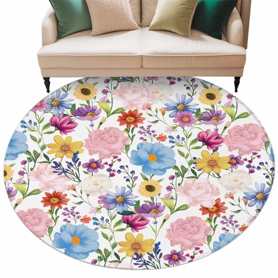 Colorful Floral Spring Large Area Rugs for Bedroom Living Room, Soft Non Slip Carpet Bedside Rug, Country Watercolor Botanical Round Floor Cover Kitchen Accent Rug 5' for Dining Room/Office