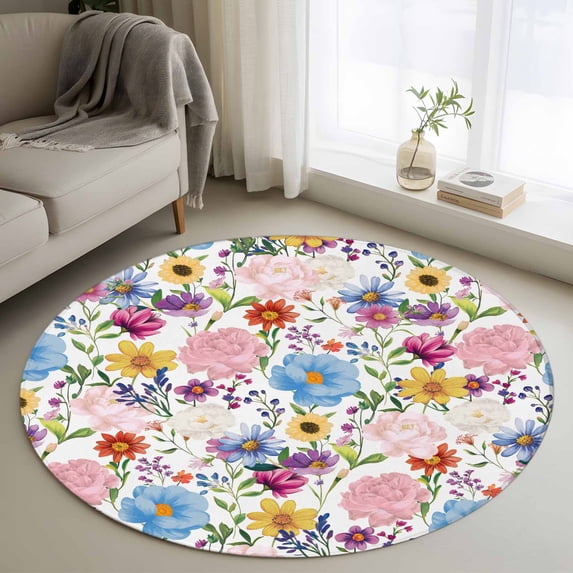 Colorful Floral Spring Round Area Rug 4 FT, Non Slip Indoor Outdoor Rug, Country Watercolor Botanical Washable Soft Circular Carpet Non-Shedding Floor Mat for Coffee Table Nursery Foyer Balcony