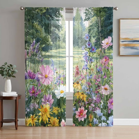 Colorful Floral Spring Sheer Curtains 108 Inch Length 2 Panels Set Window Treatments, Daisy Green Forest Pastoral Rod Pocket Semi Curtains for Living Room/Bedroom/Kitchen Décor, 104"W x 108"L