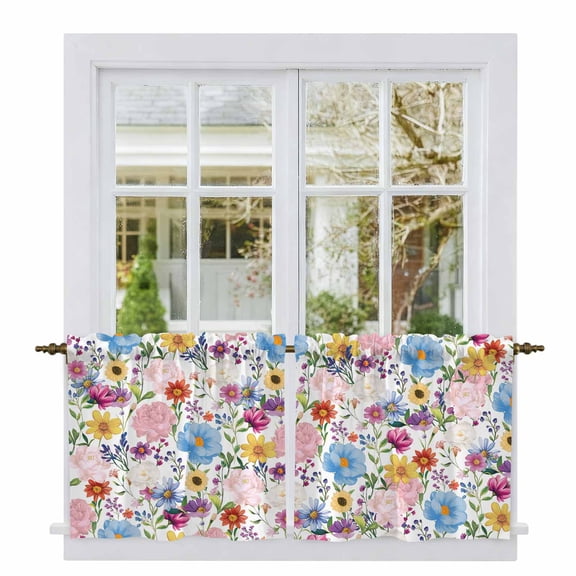 Colorful Floral Spring Tier Curtains, Country Watercolor Botanical Light Filtering Kitchen Curtains, 2Pcs Rod Pocket Half Window Treatments Panels for Sink Cafe Cabinet Camper 27.5x24 Inches