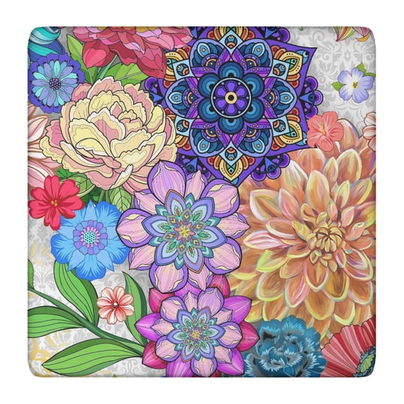 Colorful Floral Square Table Cover with Stretch Elastic Edges, 36x36 Inch Boho Tablecloth for Indoor and Outdoor Card Tables