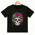 thumbnail image 1 of Colorful Floral Sugar Skull Graphic Short Sleeve Crewneck Cotton Kids T-Shirt, 1 of 4