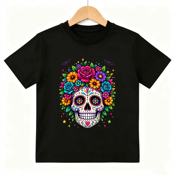 Colorful Floral Sugar Skull Graphic Short Sleeve Crewneck Cotton Kids T-Shirt