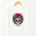 thumbnail image 1 of Colorful Floral Sugar Skull Graphic Short Sleeve Crewneck Cotton Kids T-Shirt, 1 of 4