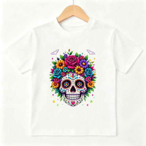 Colorful Floral Sugar Skull Graphic Short Sleeve Crewneck Cotton Kids T-Shirt