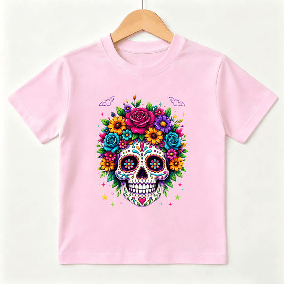 Colorful Floral Sugar Skull Graphic Short Sleeve Crewneck Cotton Kids T-Shirt