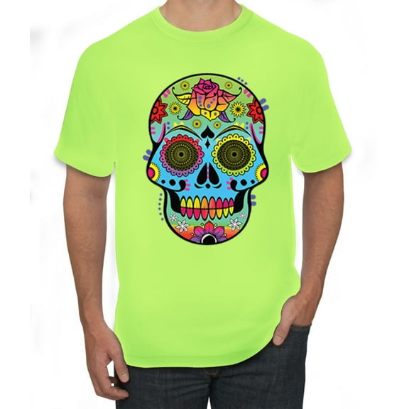 Colorful Floral Sugar Skull Streetwear Men's Graphic T-Shirt, Safety Green, 5XL