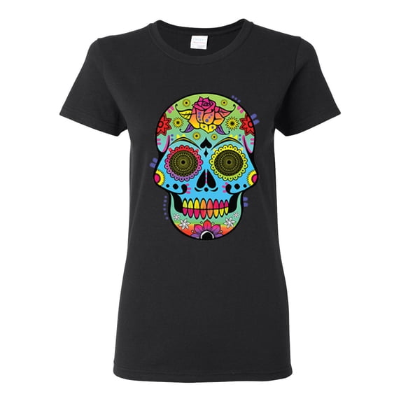 Colorful Floral Sugar Skull Streetwear Womens Graphic T-Shirt, Black, Small