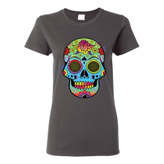 Colorful Floral Sugar Skull Streetwear Womens Graphic T-Shirt, Charcoal, Medium
