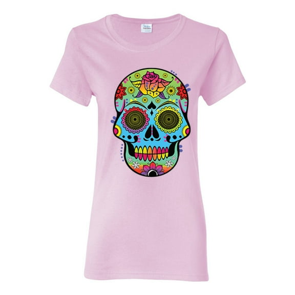 Colorful Floral Sugar Skull Streetwear Womens Graphic T-Shirt, Light Pink, Large