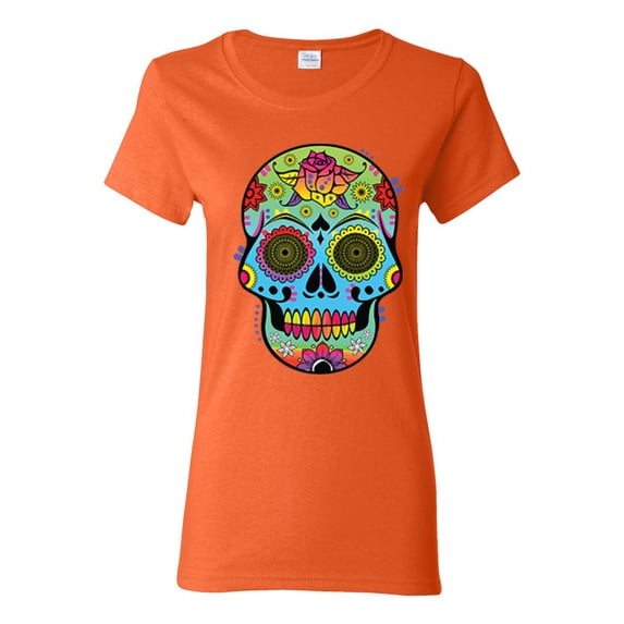Colorful Floral Sugar Skull Streetwear Womens Graphic T-Shirt, Orange, X-Large