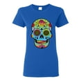 thumbnail image 1 of Colorful Floral Sugar Skull Streetwear Womens Graphic T-Shirt, Royal, Medium, 1 of 3