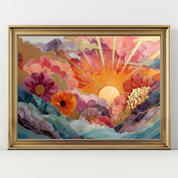 Colorful Floral Sunrise Poster Boho Wall Art Vibrant Home Decor Golden Sunrise Floral Clouds, UNFRAMED Size 16x16