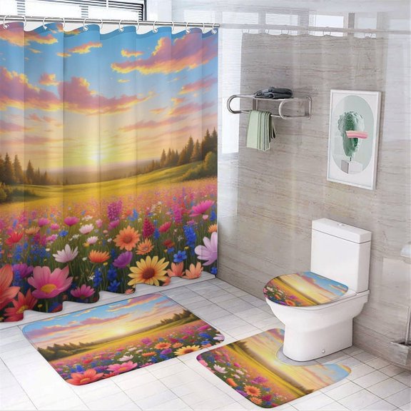 Colorful Floral Sunset Meadow Shower Curtain Set Modern Bathroom Decor Mats 4pcs Fabric Bathroom Curtain Slip Floor Rug Toilet Lid
