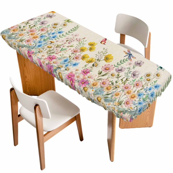 Colorful Floral Table Cloths for 8 Foot Rectangle Tables, Farmhouse Country Dragonfly Butterfly Flower Patio Waterproof Elastic Fitted Tablecloths, Washable Rectangular Table Cover for Camping