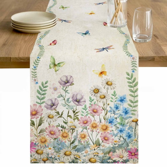 Colorful Floral Table Runner - 36 Inch Long Farmhouse Vintage Dragonfly Butterfly Flower Cotton and Linen Blended Dress Scarves Farmhouse Table Runner for Kitchen Dining, Coffee Table, 13" x 36"