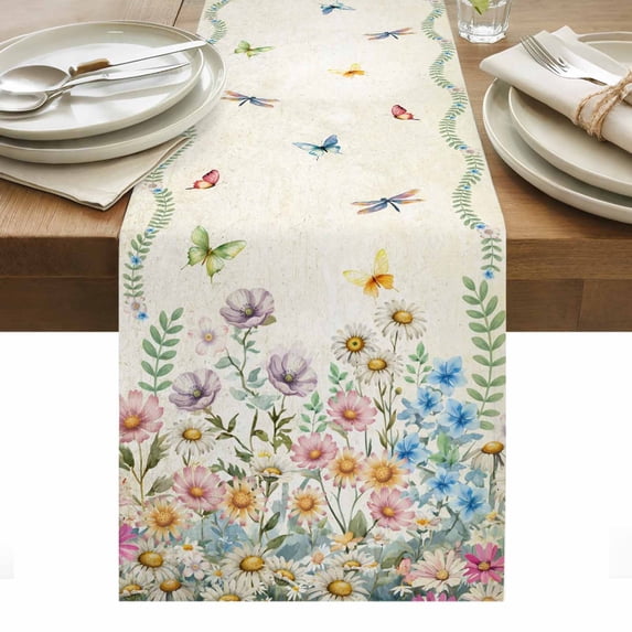 Colorful Floral Table Runner - 90 Inch Long, Kitchen Dining Table Runner Dresser Scarves, Farmhouse Vintage Dragonfly Butterfly Flower Farmhouse Decor for Coffee Tables Wedding Party Banquet
