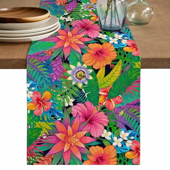 Colorful Floral Table Runner, Summer Botanical Flowers Watercolor Washable Cotton Linen Table Runners 60 Inches Long, Dresser Scarf Runner for Coffee/TV Stands/Kitchen/Cabinets 13''x60''