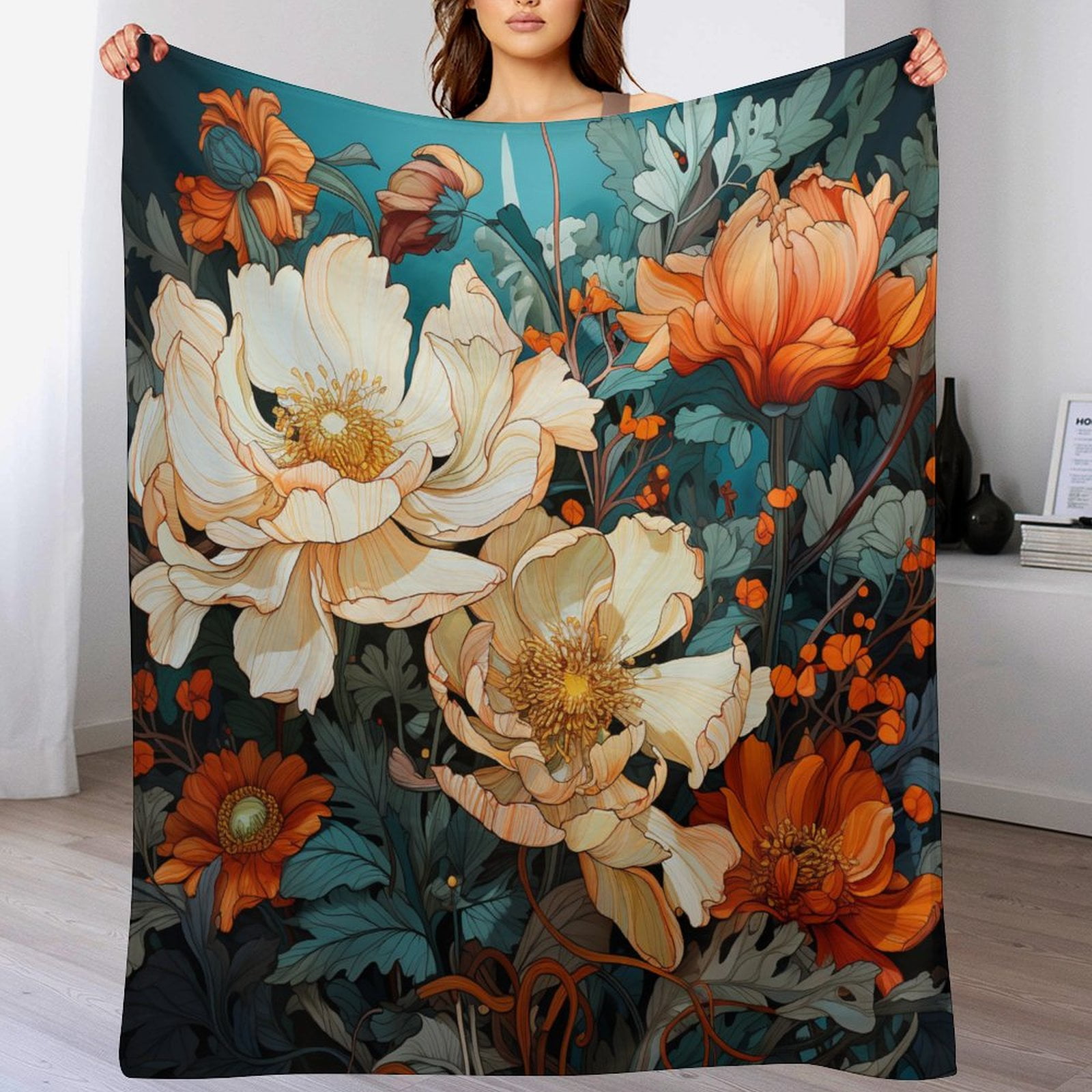 Floral Bounty Teal Hooded Blanket