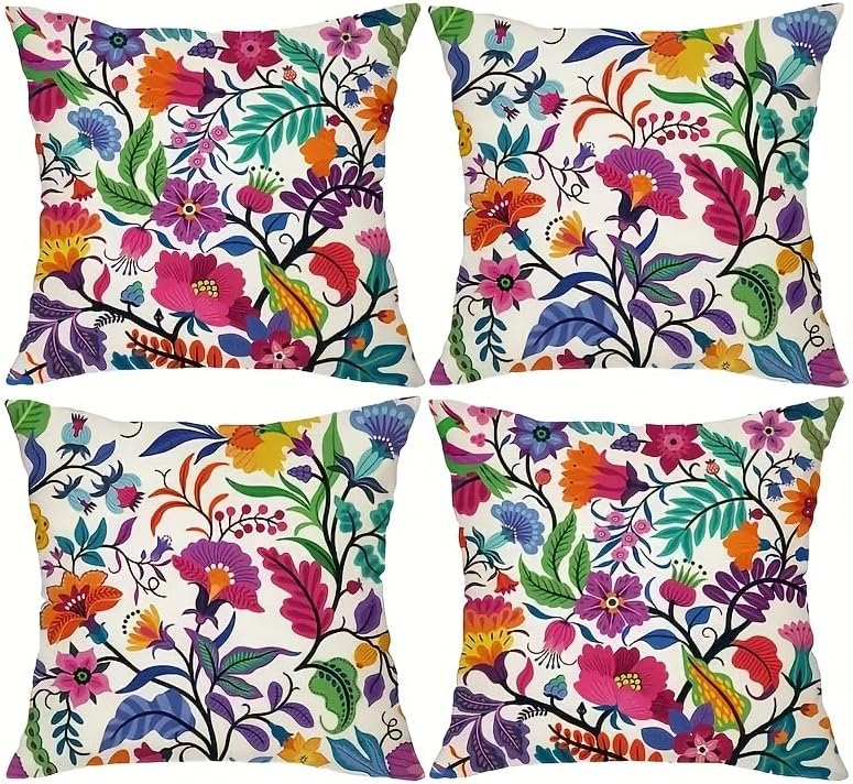 Colorful Floral Throw Pillow Covers Set of 4, Boho Decorative Cushion Covers 18x18 Inch, Vintage Botanical Flower Pillowcase for Sofa Couch Bed Living Room, Soft Linen Blend, Hidden Zipper