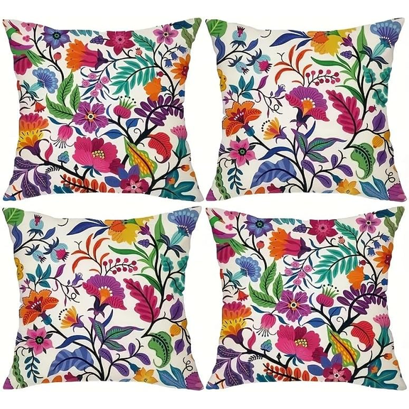 Colorful Floral Throw Pillow Covers Set of 4, Boho Decorative Cushion Covers 18x18 Inch, Vintage Botanical Flower Pillowcase for Sofa Couch Bed Living Room, Soft Linen Blend, Hidden Zipper