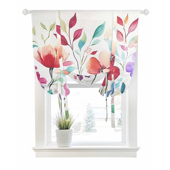 Colorful Floral Tie Up Curtains for Window, Thermal Insulated Balloon Shade Adjustable Rod Pocket Curtains Valance Panels for Kitchen Bathroom Cafe 42 x 54 Abstract Art Botanical Leaves