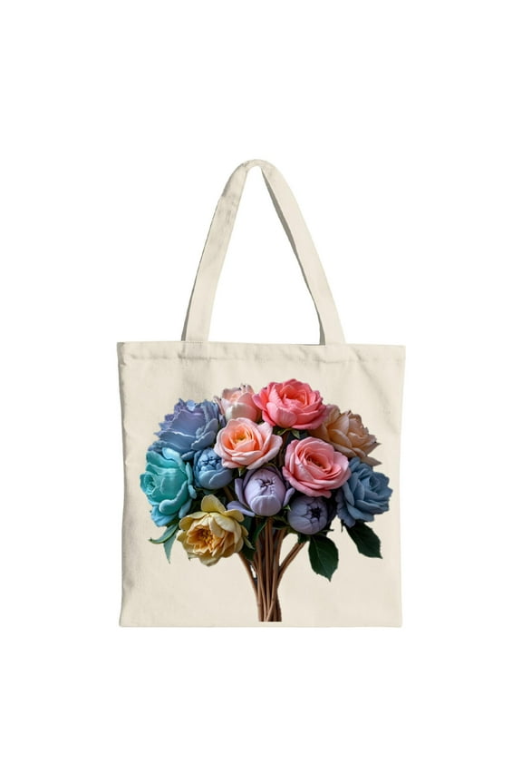 Colorful Floral Tote Bag - Pastel Roses Bouquet Design Reusable Canvas Shopping Bag for Parties Travel & Everyday Use