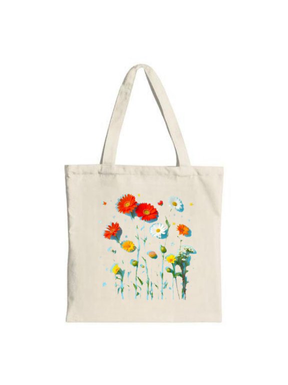 Colorful Floral Tote Bag - Stylish Canvas Bag with Red Yellow and White Blooms on Light Background Perfect for Shopping and Travel
