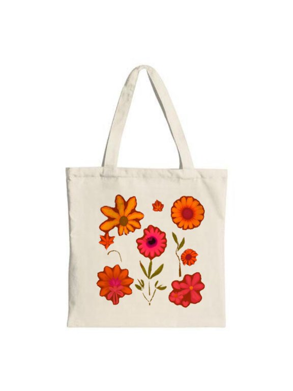 Colorful Floral Tote Bag - Vibrant Orange Pink & Red Flowers with Green Stems Perfect for Shopping Travel & Parties